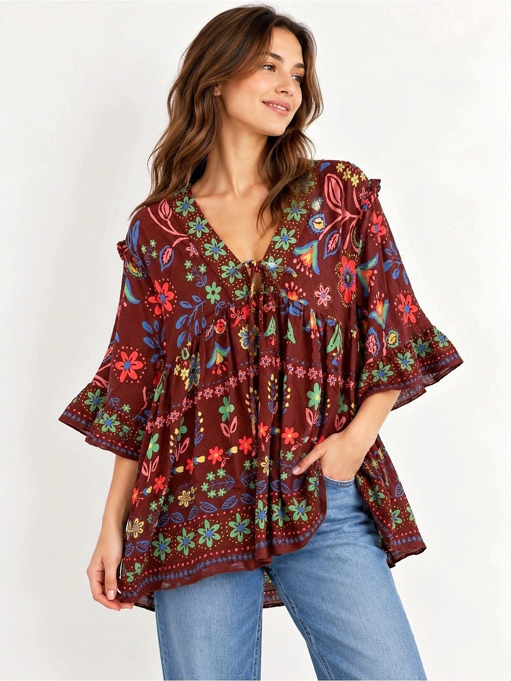 Easel Floral Tunic in Brown & Blue Size Small NWT